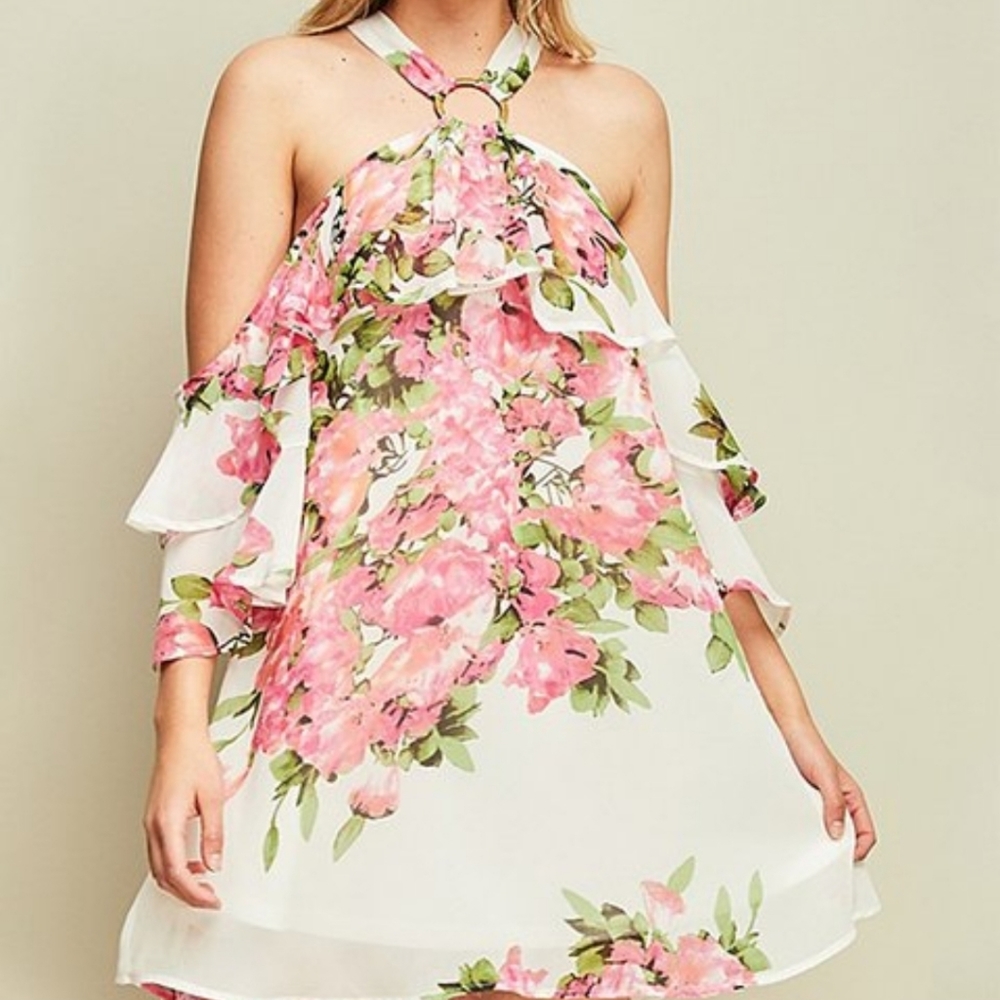 IVORY & LT PINK FLORAL OFF SHOULDER DRESS NWT
